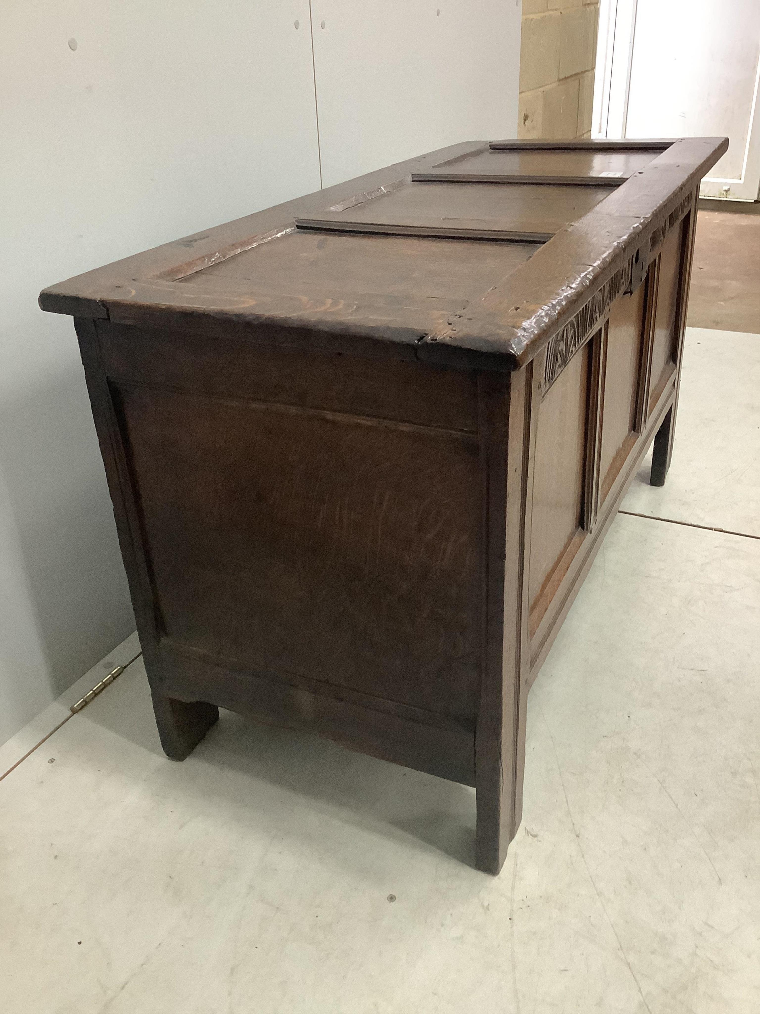 A late 17th century carved oak coffer, width 123cm, depth 53cm, height 70cm. Condition - fair